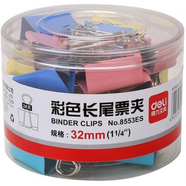 <strong style="color:red;">得力</strong>（deli）8553es彩色长尾票夹 32mm 筒装 (24只/筒) 票据夹/铁票夹/...